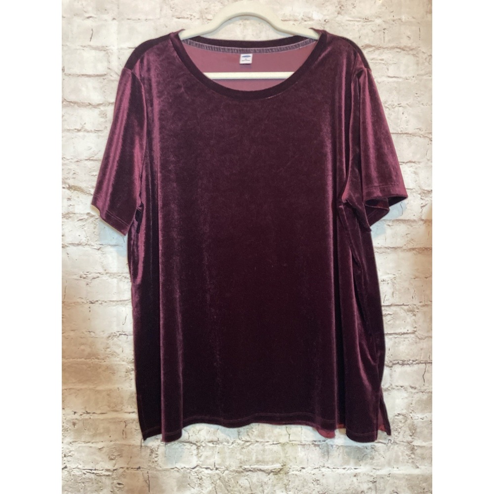 Old Navy Velvet Top Womens XL In Plum Short Sleeve Stretchy Casual Pullover